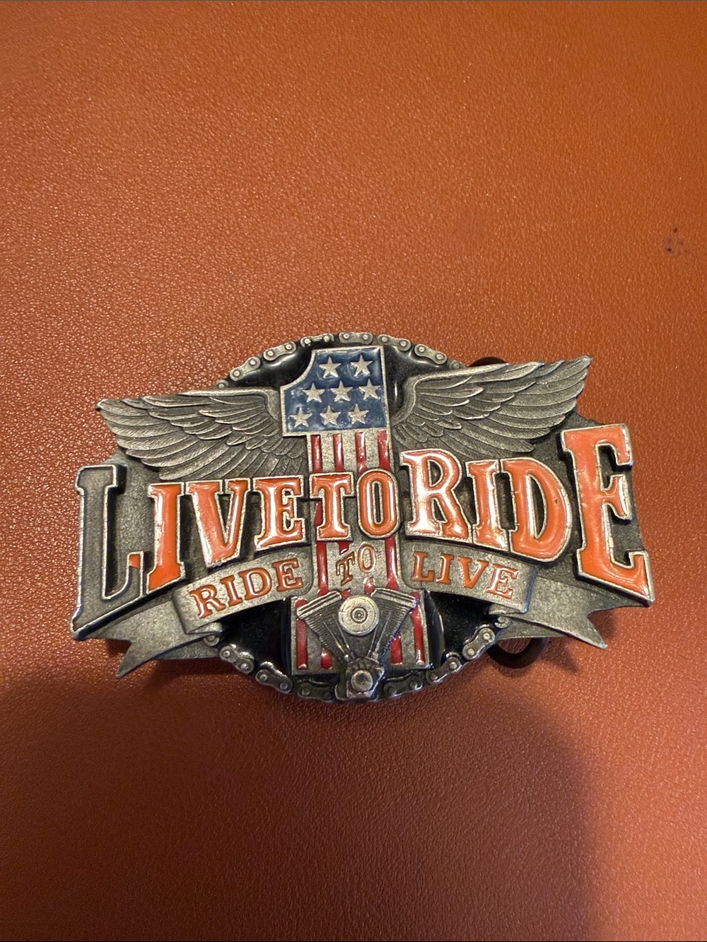 Live To Ride Belt Buckle- Orange and Silver